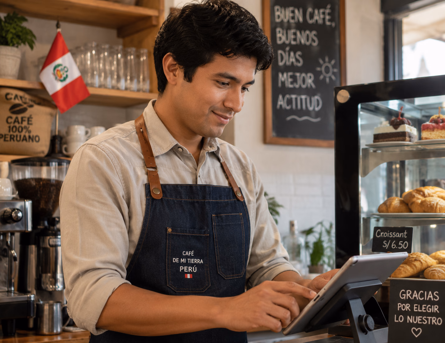 Empleado usando tablet en restaurante