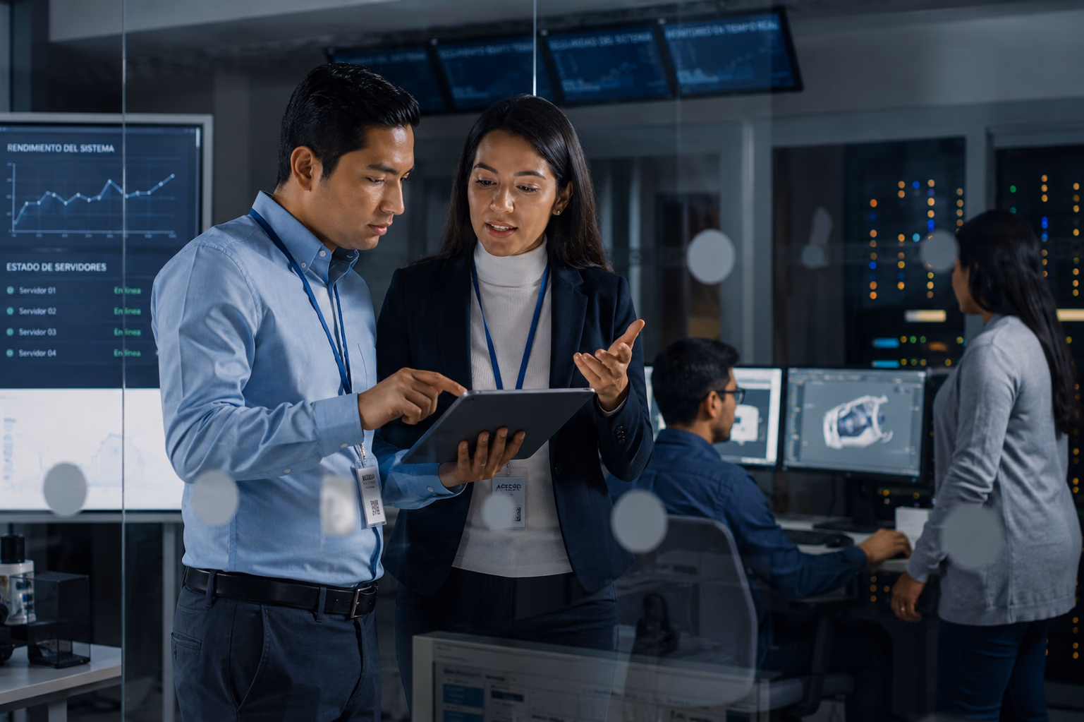 Equipo tecnológico revisando soluciones empresariales