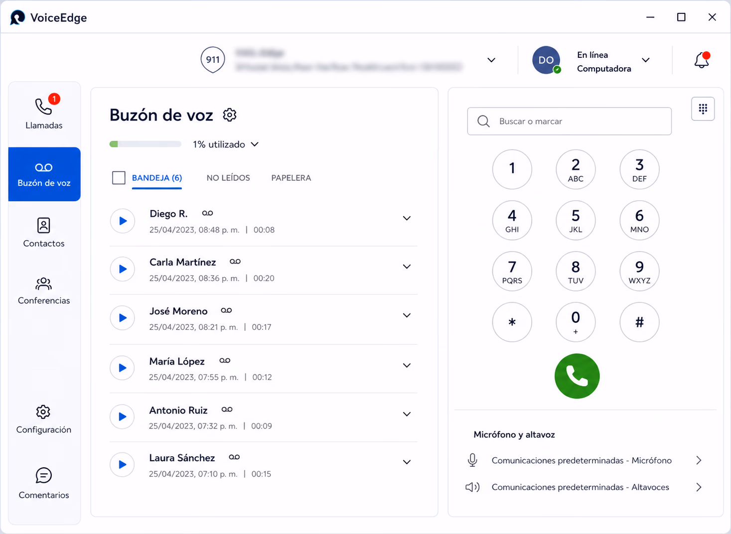 Vista del buzón de voz en VoiceEdge