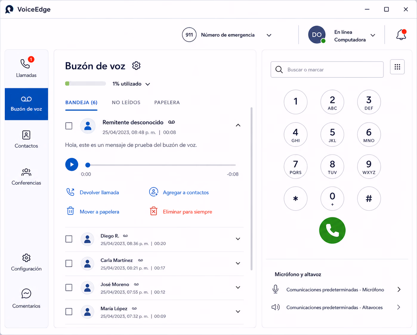 Opciones de mensaje de voz en VoiceEdge