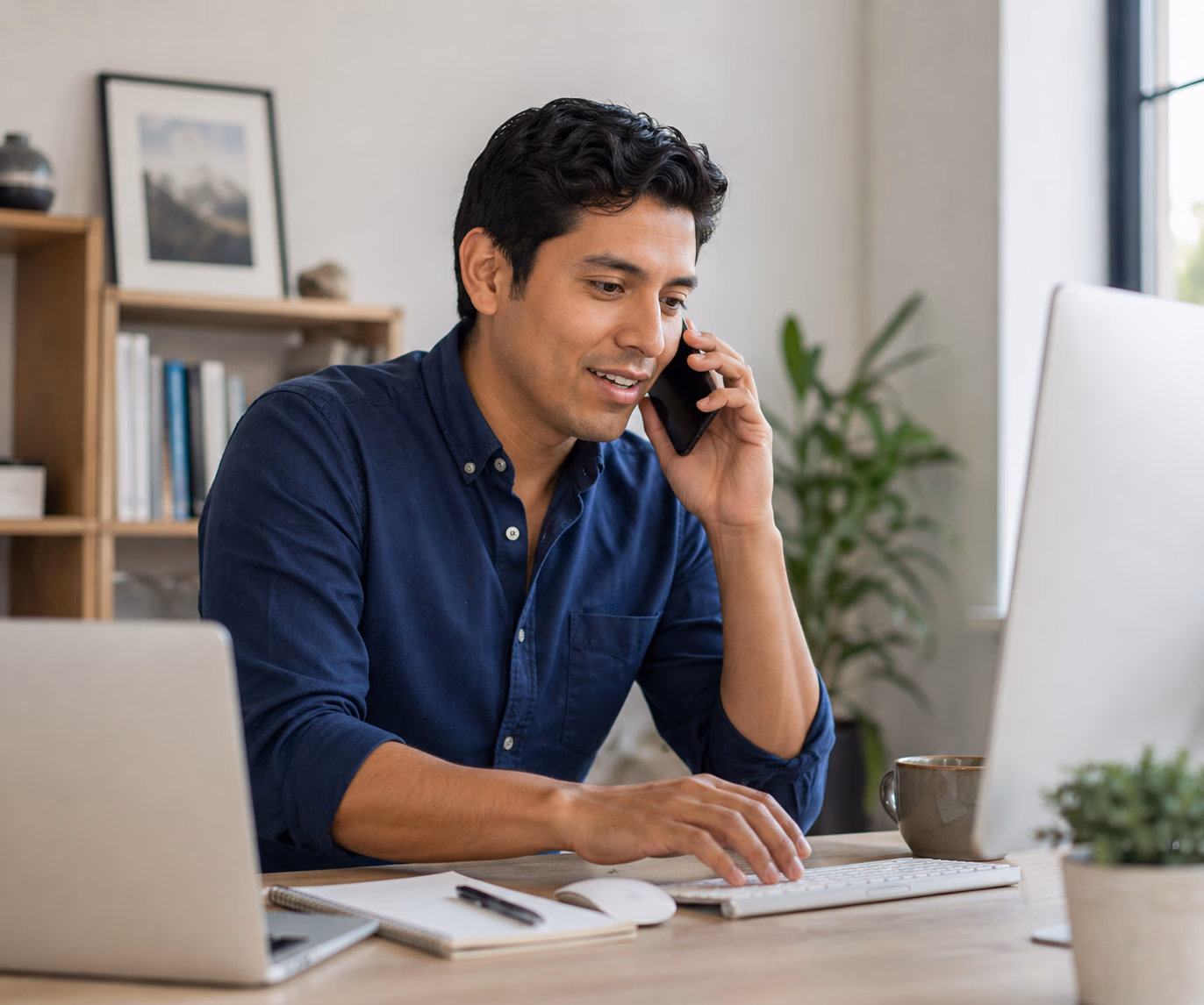 Persona trabajando y hablando por teléfono